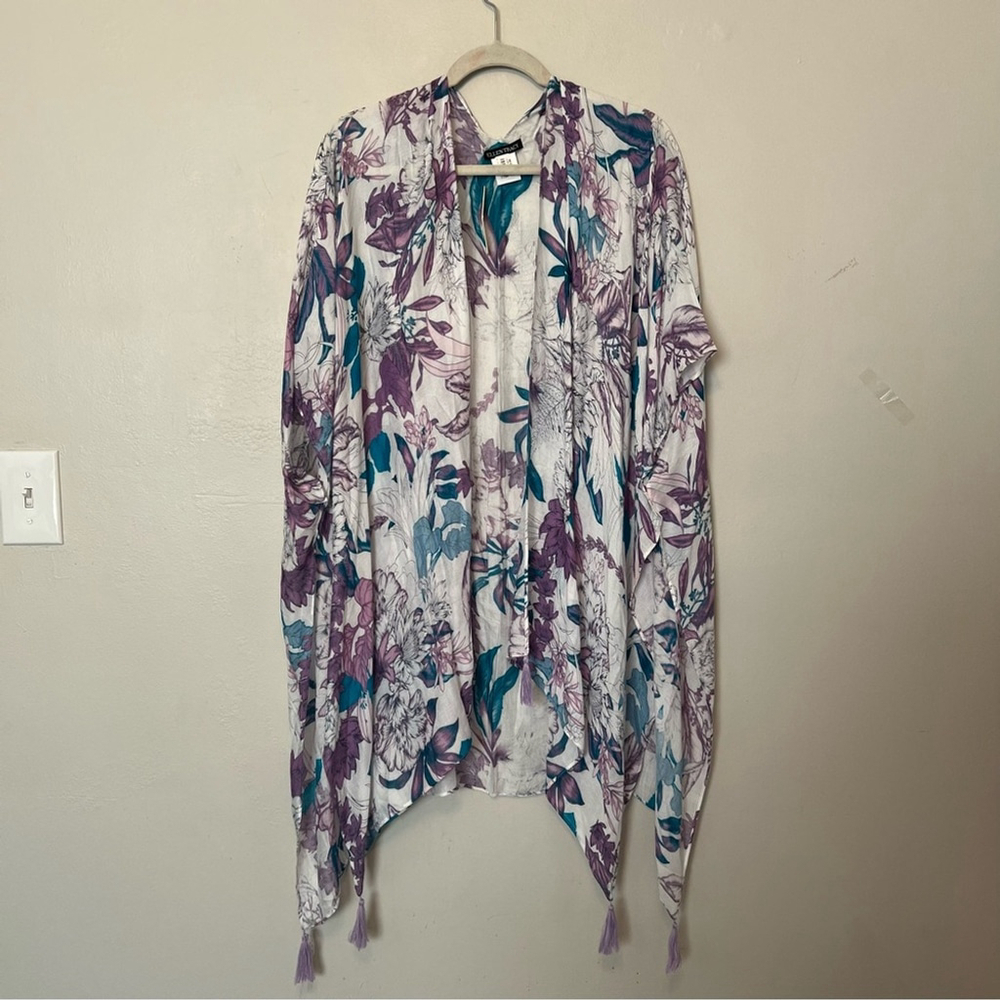 Ellen Tracy Floral Kimono‎ Kaftan Purple Blue Beach Festival Rave Feminine XL